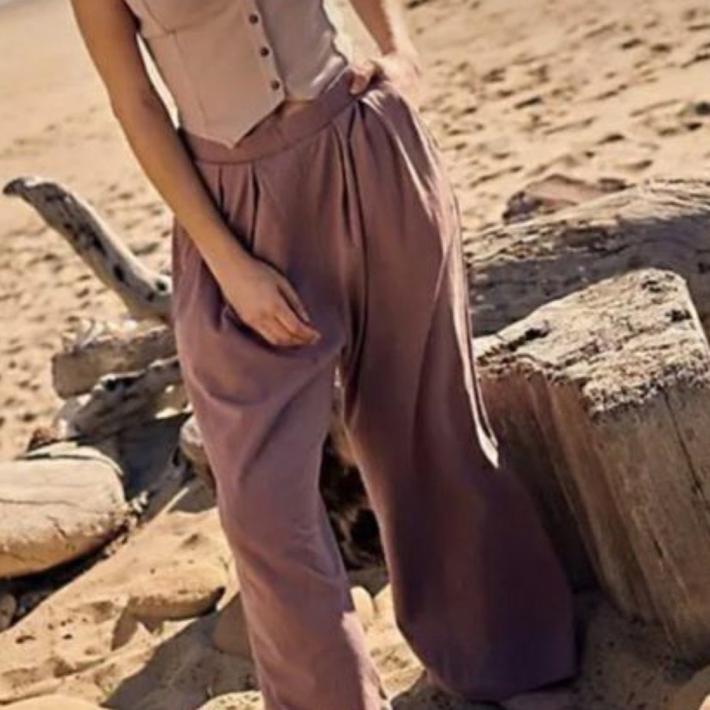 FREE PEOPLE BEACH Roxanne Blossom Mauve Wide Leg Pleated HighRise Casual Pants